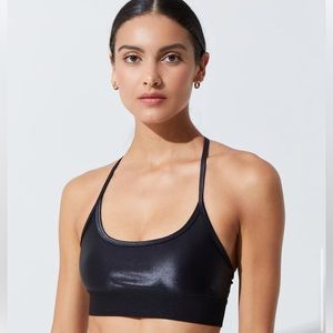 Noli yoga liquid studio bra M black gloss sports bra t back faux leather